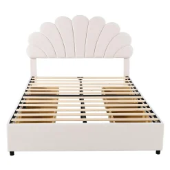 Lit adulte lit 140x200 cm lit rembourré lit cadre à lamelles lit 4 compartiments de rangement lit double velours beige