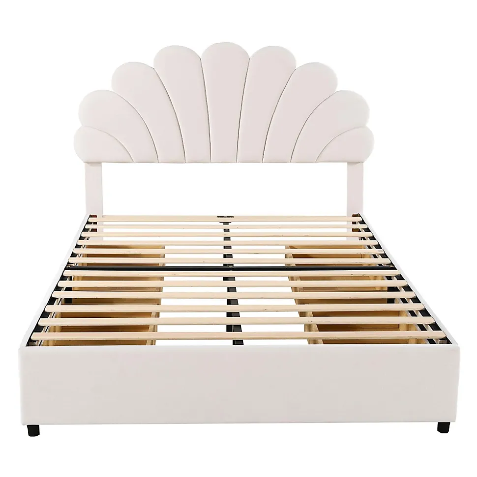 Lit adulte lit 140x200 cm lit rembourré lit cadre à lamelles lit 4 compartiments de rangement lit double velours beige