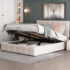 Lit adulte lit 140x200 cm lit rembourré hydraulique lit de rangement lit double velours blanc crème