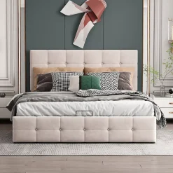 Lit adulte lit 140x200 cm lit rembourré hydraulique lit de rangement lit double velours blanc crème