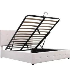 Lit adulte lit 140x200 cm lit rembourré hydraulique lit de rangement lit double velours blanc crème