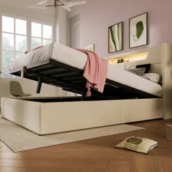 Lit adulte lit 160x200 cm lit rembourré lit de rangement lit sommier à lattes en bois lit double lin beige