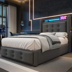 Lit adulte lit 90x200 cm lit rembourré hydraulique avec sommier en bois Single coton lin gris