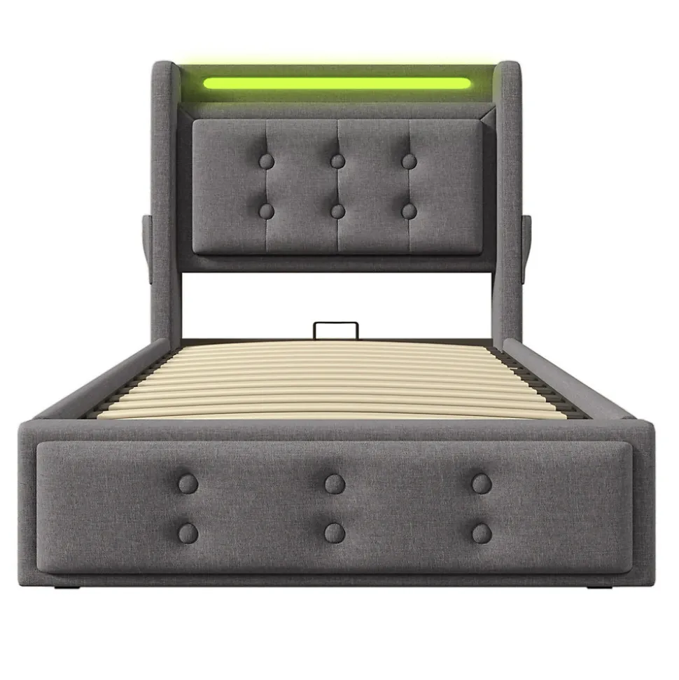 Lit adulte lit 90x200 cm lit rembourré hydraulique avec sommier en bois Single coton lin gris