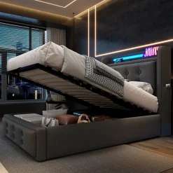 Lit adulte lit 90x200 cm lit rembourré hydraulique avec sommier en bois Single coton lin gris