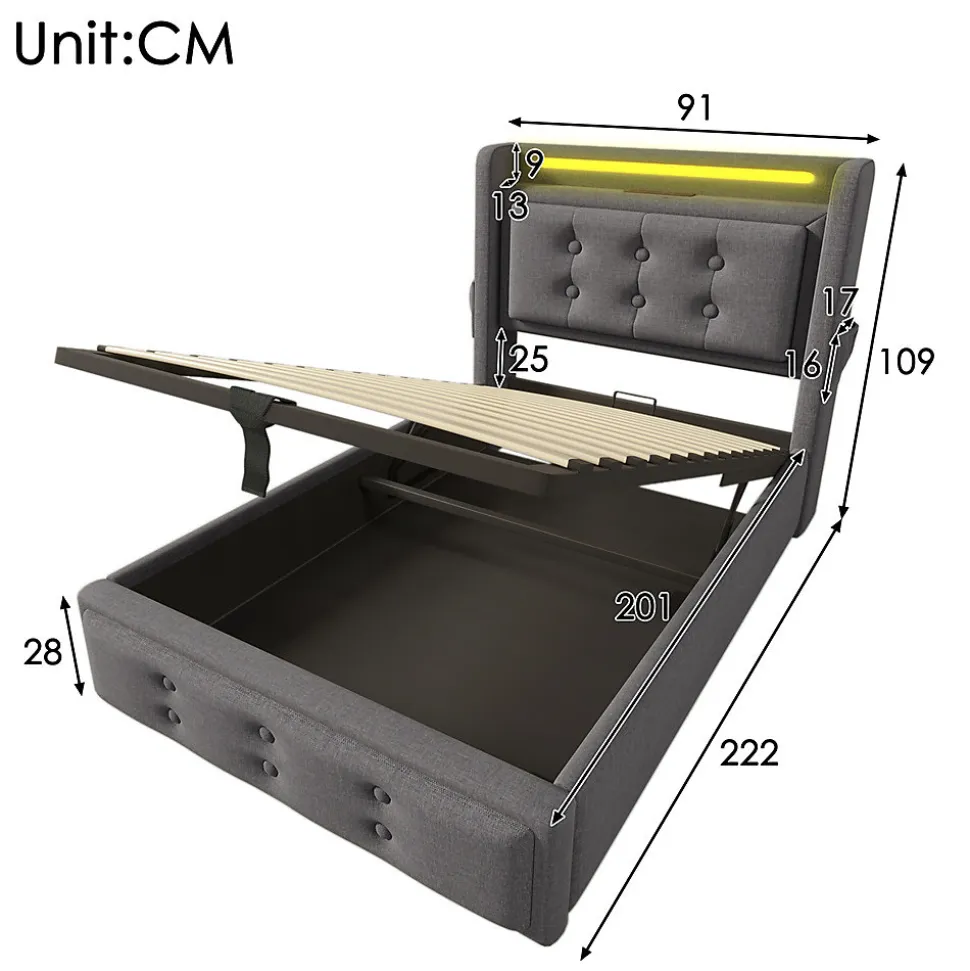 Lit adulte lit 90x200 cm lit rembourré hydraulique avec sommier en bois Single coton lin gris