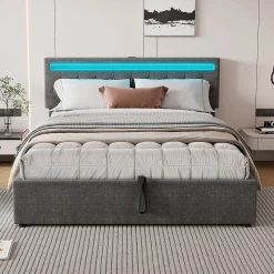 Lit adulte lit 160x200 cm lit rembourré lit de rangement avec lumière ambiante lit double lin gris