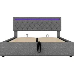 Lit adulte lit 160x200 cm lit rembourré lit de rangement avec lumière ambiante lit double lin gris