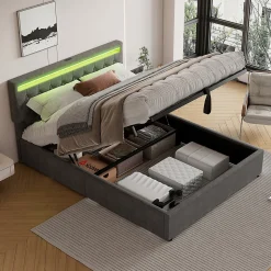 Lit adulte lit 160x200 cm lit rembourré lit de rangement avec lumière ambiante lit double lin gris