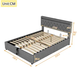 Lit adulte lit 160x200 cm lit rembourré lit de rangement avec lumière ambiante lit double lin gris