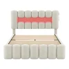 Lit adulte lit 160x200 cm lit rembourré avec barre lumineuse led lit 4 tiroirs avec usb et chaîne stéréo lit double velours beige