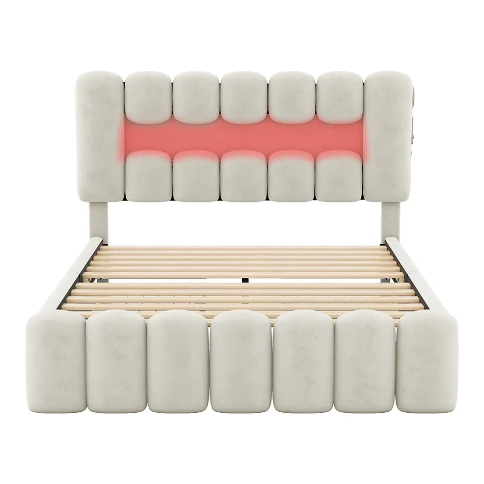 Lit adulte lit 160x200 cm lit rembourré avec barre lumineuse led lit 4 tiroirs avec usb et chaîne stéréo lit double velours beige