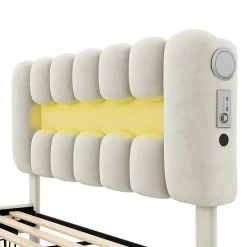 Lit adulte lit 160x200 cm lit rembourré avec barre lumineuse led lit 4 tiroirs avec usb et chaîne stéréo lit double velours beige