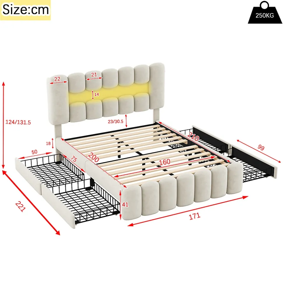 Lit adulte lit 160x200 cm lit rembourré avec barre lumineuse led lit 4 tiroirs avec usb et chaîne stéréo lit double velours beige