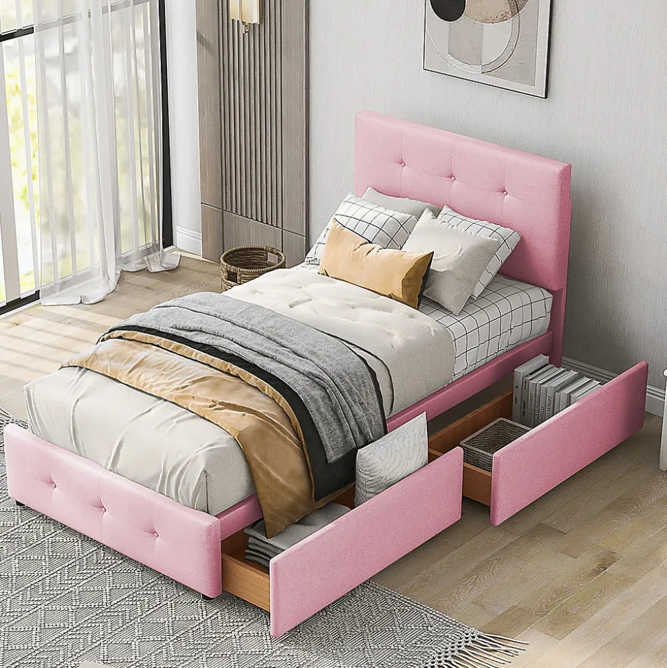 Lit adulte lit 90x200 cm lit rembourré lit 2 tiroirs lit sommier à lattes Single tissu en velours rose