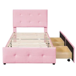 Lit adulte lit 90x200 cm lit rembourré lit 2 tiroirs lit sommier à lattes Single tissu en velours rose