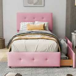 Lit adulte lit 90x200 cm lit rembourré lit 2 tiroirs lit sommier à lattes Single tissu en velours rose