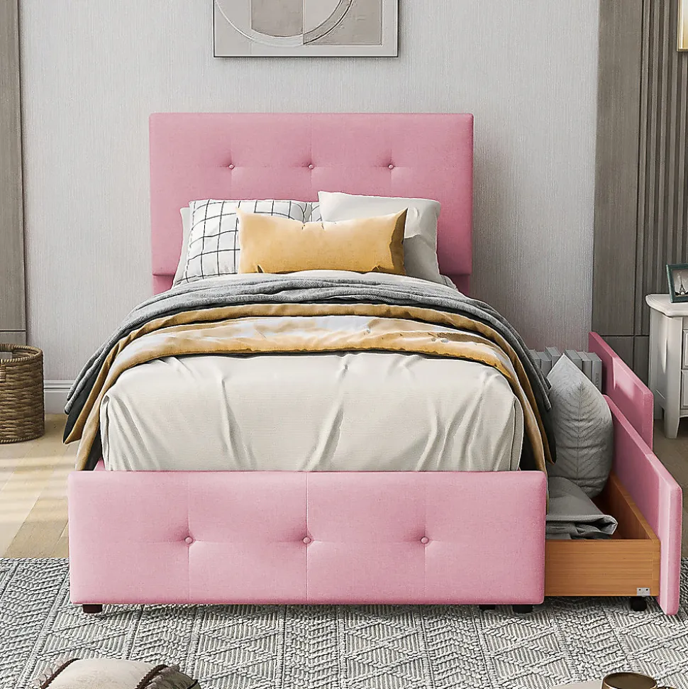 Lit adulte lit 90x200 cm lit rembourré lit 2 tiroirs lit sommier à lattes Single tissu en velours rose