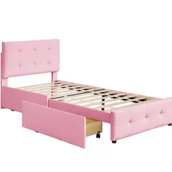 Lit adulte lit 90x200 cm lit rembourré lit 2 tiroirs lit sommier à lattes Single tissu en velours rose