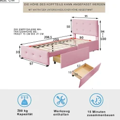 Lit adulte lit 90x200 cm lit rembourré lit 2 tiroirs lit sommier à lattes Single tissu en velours rose