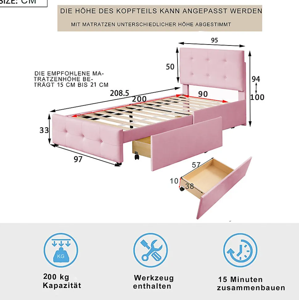 Lit adulte lit 90x200 cm lit rembourré lit 2 tiroirs lit sommier à lattes Single tissu en velours rose