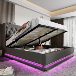 Lit adulte lit 140x200 cm lit rembourré hydraulique lit de rangement lit double coton gris