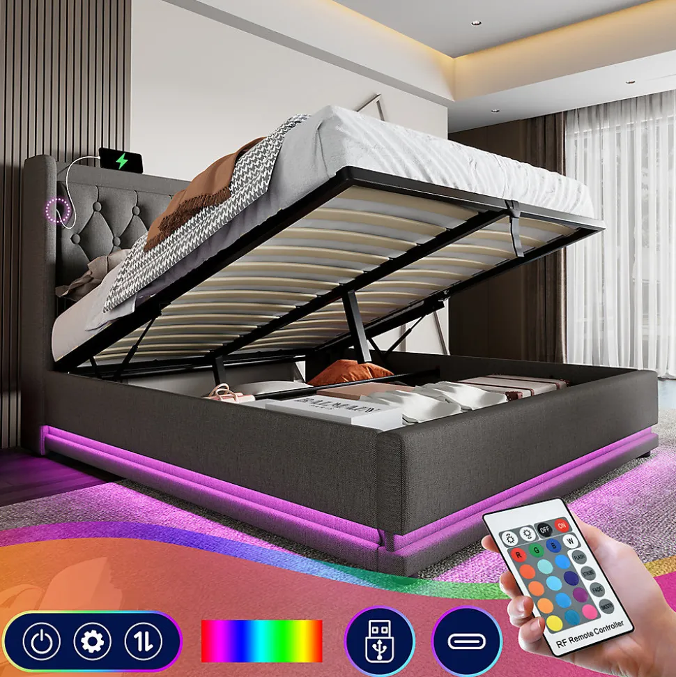 Lit adulte lit 160x200 cm lit rembourré hydraulique lit de rangement lit double coton gris