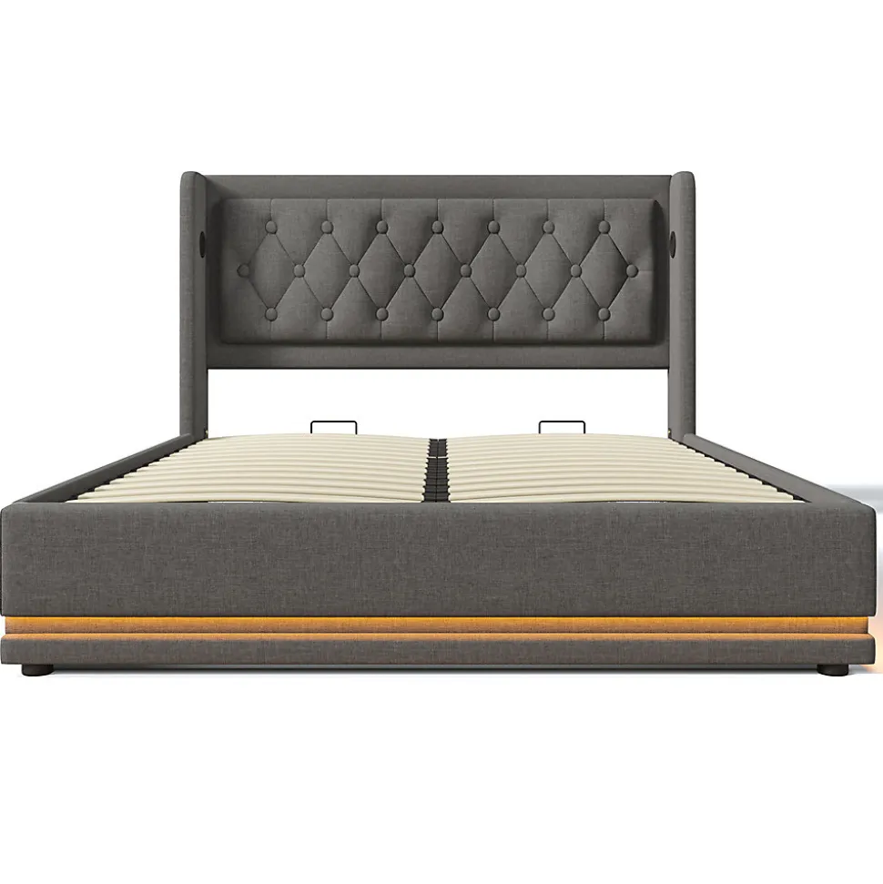 Lit adulte lit 160x200 cm lit rembourré hydraulique lit de rangement lit double coton gris