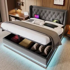 Lit adulte lit 160x200 cm lit rembourré hydraulique lit de rangement lit double coton gris