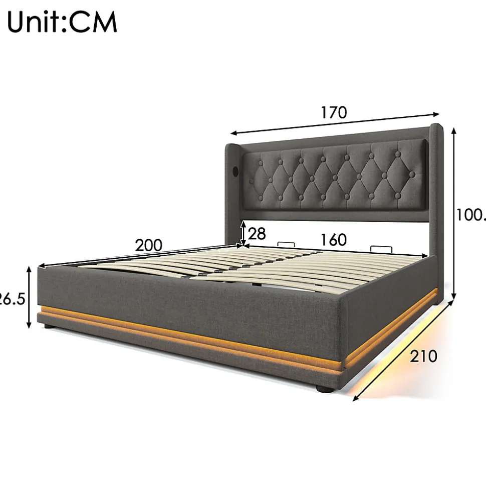 Lit adulte lit 160x200 cm lit rembourré hydraulique lit de rangement lit double coton gris
