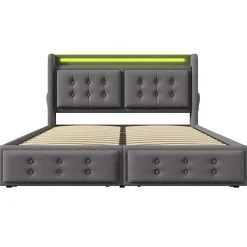 Lit adulte lit 160x200 cm lit rembourré lit 4 tiroirs lit de rangement avec sommier à lattes en bois lit double coton lin gris