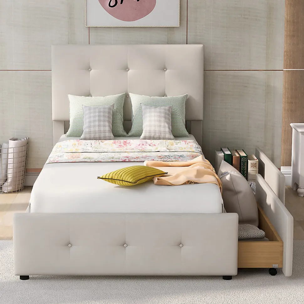 Lit adulte lit 90x200 cm lit rembourré lit 2 tiroirs lit sommier à lattes Single tissu en velours beige