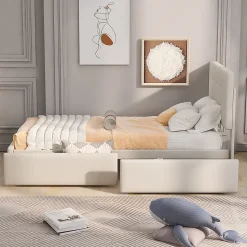 Lit adulte lit 90x200 cm lit rembourré lit 2 tiroirs lit sommier à lattes Single tissu en velours beige