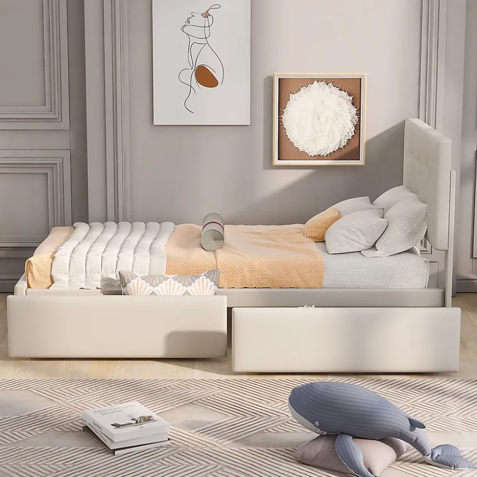 Lit adulte lit 90x200 cm lit rembourré lit 2 tiroirs lit sommier à lattes Single tissu en velours beige