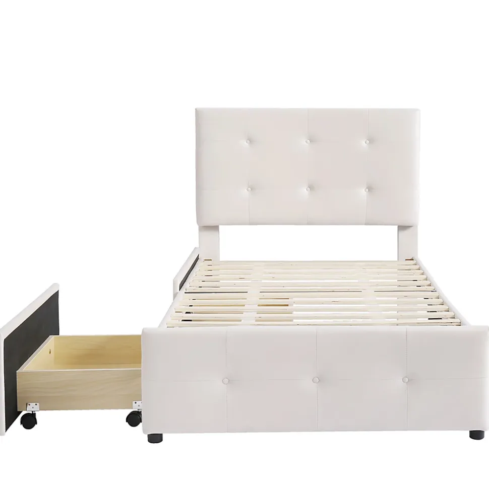Lit adulte lit 90x200 cm lit rembourré lit 2 tiroirs lit sommier à lattes Single tissu en velours beige