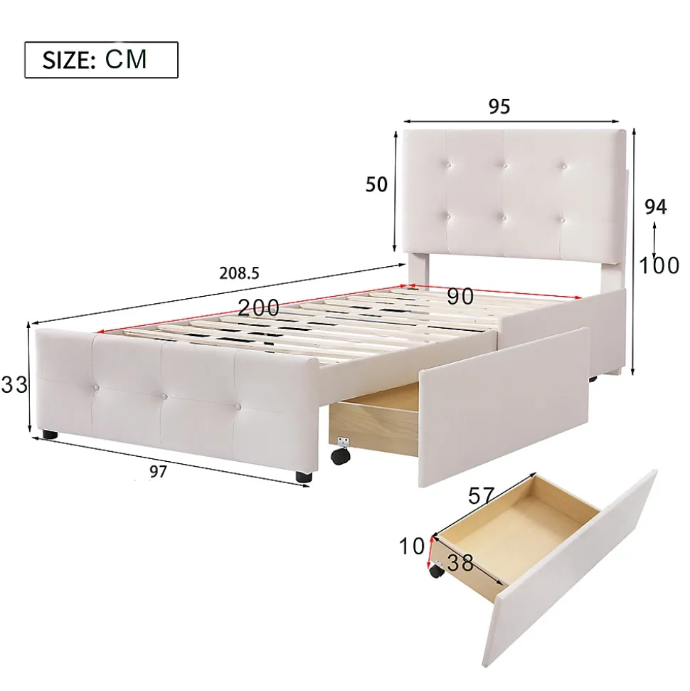Lit adulte lit 90x200 cm lit rembourré lit 2 tiroirs lit sommier à lattes Single tissu en velours beige