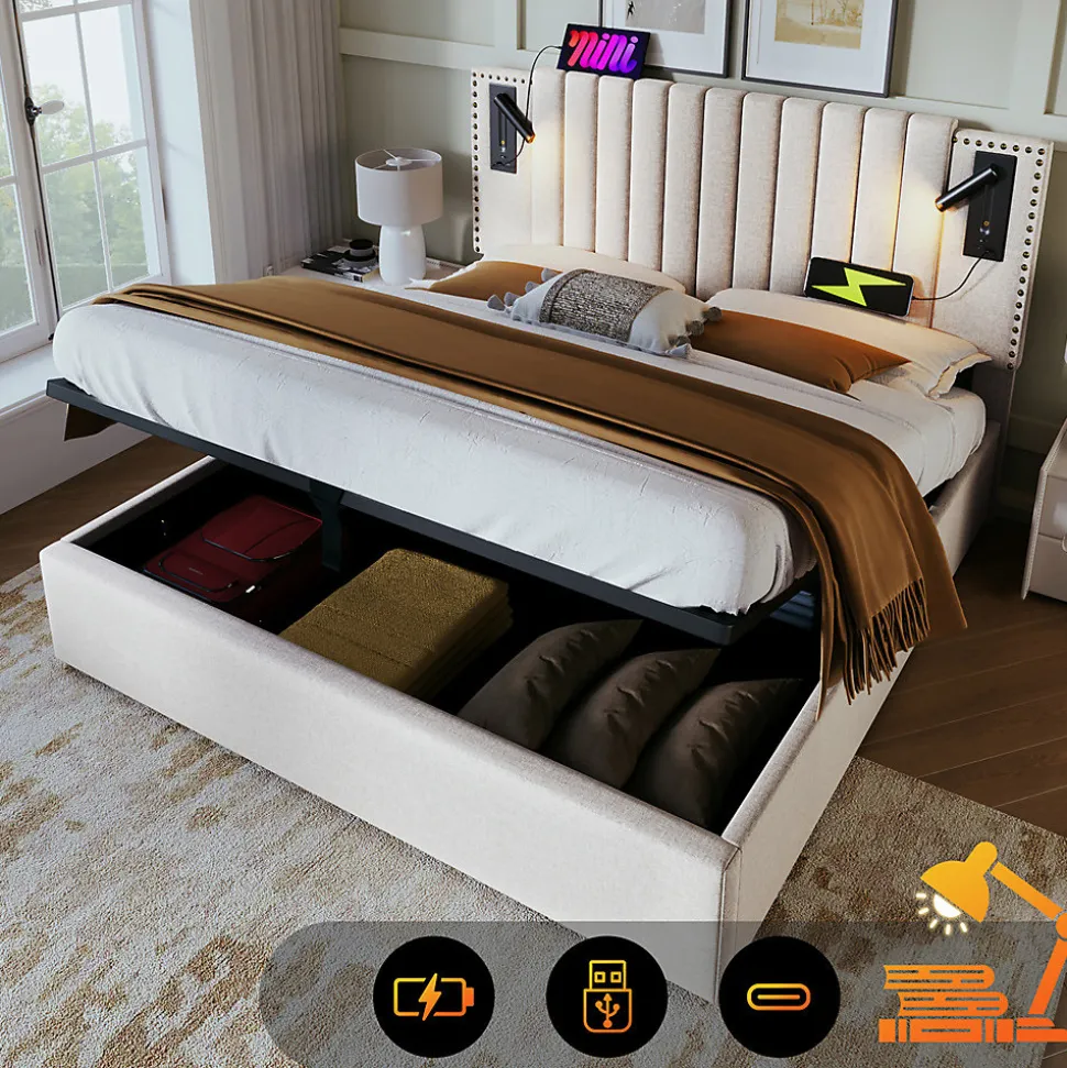 Lit adulte lit 140x200 cm lit rembourré lit de rangement avec sommier à lattes lit double coton beige