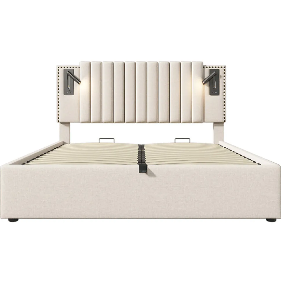 Lit adulte lit 140x200 cm lit rembourré lit de rangement avec sommier à lattes lit double coton beige