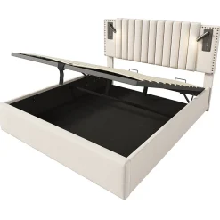 Lit adulte lit 140x200 cm lit rembourré lit de rangement avec sommier à lattes lit double coton beige