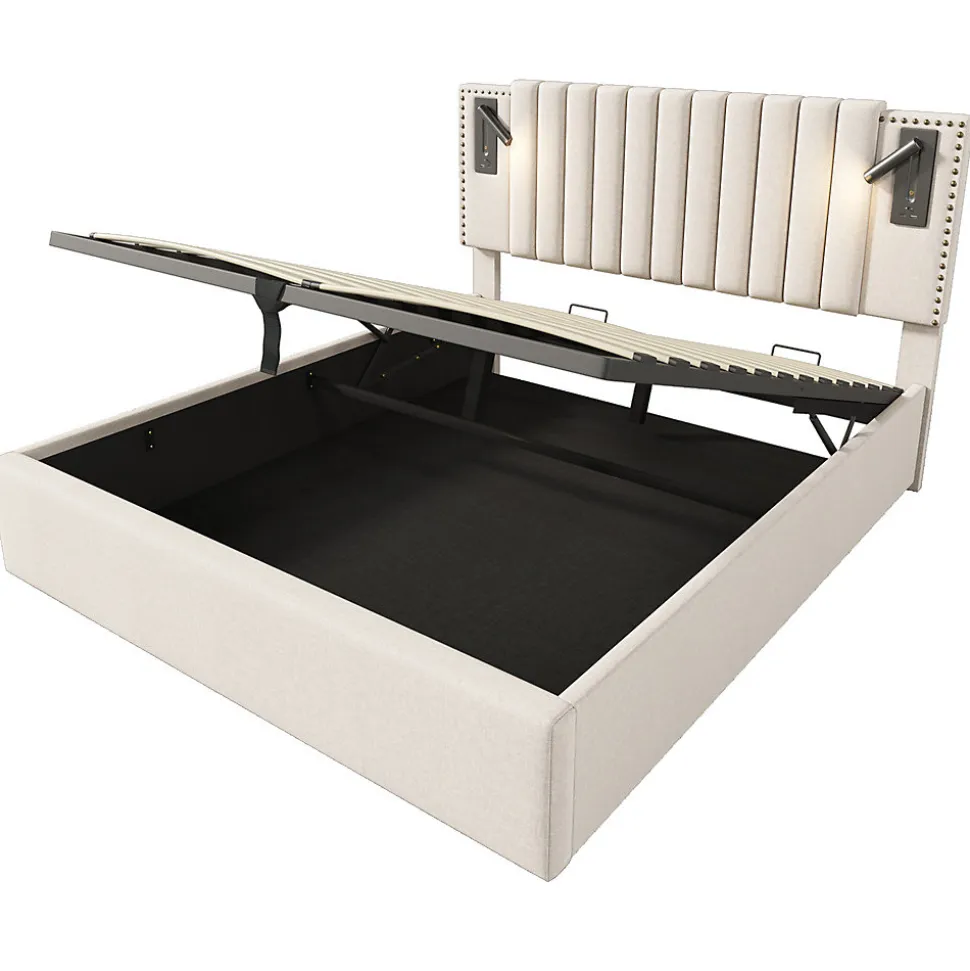 Lit adulte lit 140x200 cm lit rembourré lit de rangement avec sommier à lattes lit double coton beige