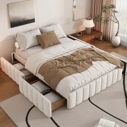 Lit adulte lit 140x200 cm lit rembourré avec 4 tiroirs Single velours beige