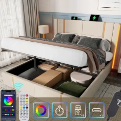 Lit adulte lit 180x200 cm lit rembourré lit de rangement lit sommier à lattes en bois lit double lin beige