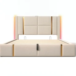 Lit adulte lit 180x200 cm lit rembourré lit de rangement lit sommier à lattes en bois lit double lin beige