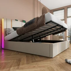 Lit adulte lit 180x200 cm lit rembourré lit de rangement lit sommier à lattes en bois lit double lin beige