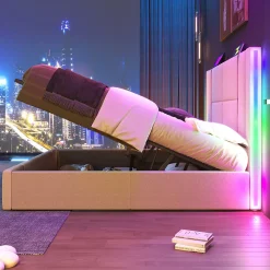 Lit adulte lit 180x200 cm lit rembourré lit de rangement lit sommier à lattes en bois lit double lin beige