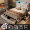 Lit adulte lit 180x200 cm lit rembourré lit 4 tiroirs lit de rangement avec sommier à lattes en bois lit double coton lin beige