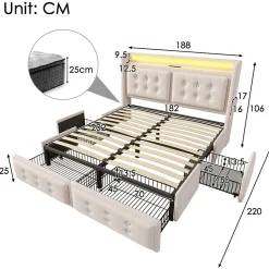 Lit adulte lit 180x200 cm lit rembourré lit 4 tiroirs lit de rangement avec sommier à lattes en bois lit double coton lin beige
