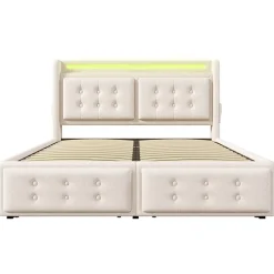 Lit adulte lit 180x200 cm lit rembourré lit 4 tiroirs lit de rangement avec sommier à lattes en bois lit double coton lin beige