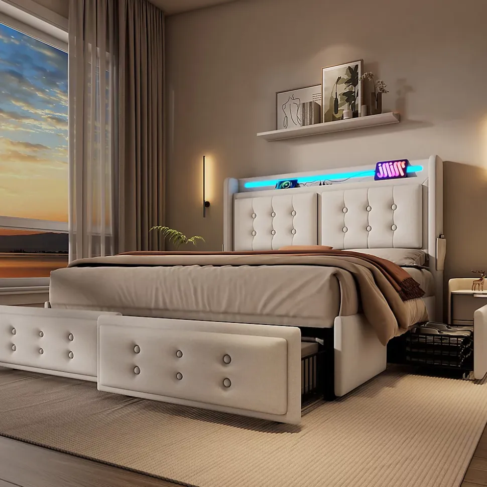 Lit adulte lit 180x200 cm lit rembourré lit 4 tiroirs lit de rangement avec sommier à lattes en bois lit double coton lin beige