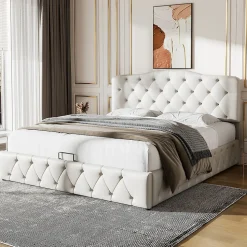 Lit adulte lit 140x200 cm lit rembourré hydraulique lit double pu blanc